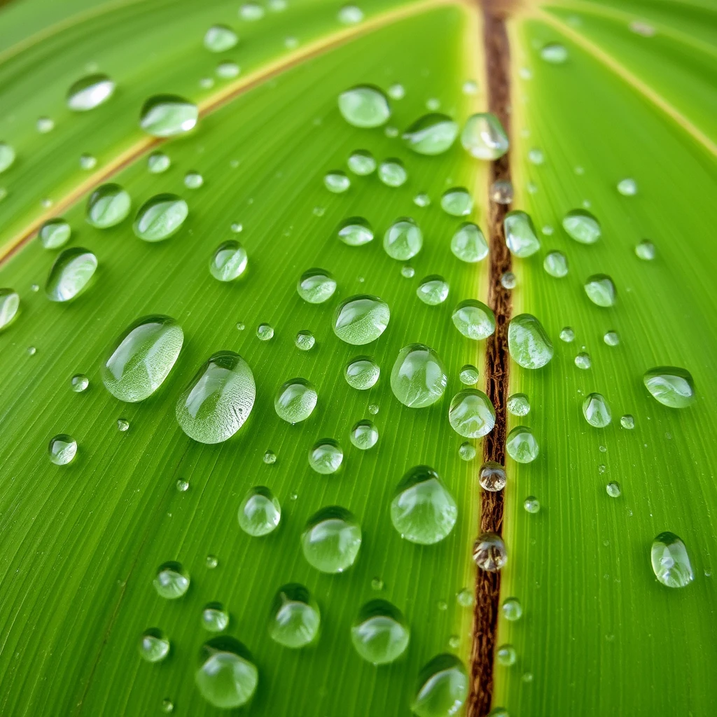 Water droplets on coconut leaf, detailed, high resolution, wide angle photography.