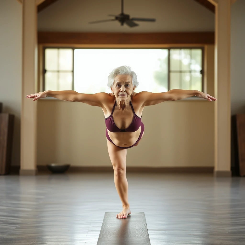 Old woman doing splits on balance beam looking straight ahead wearing bikini. - Image