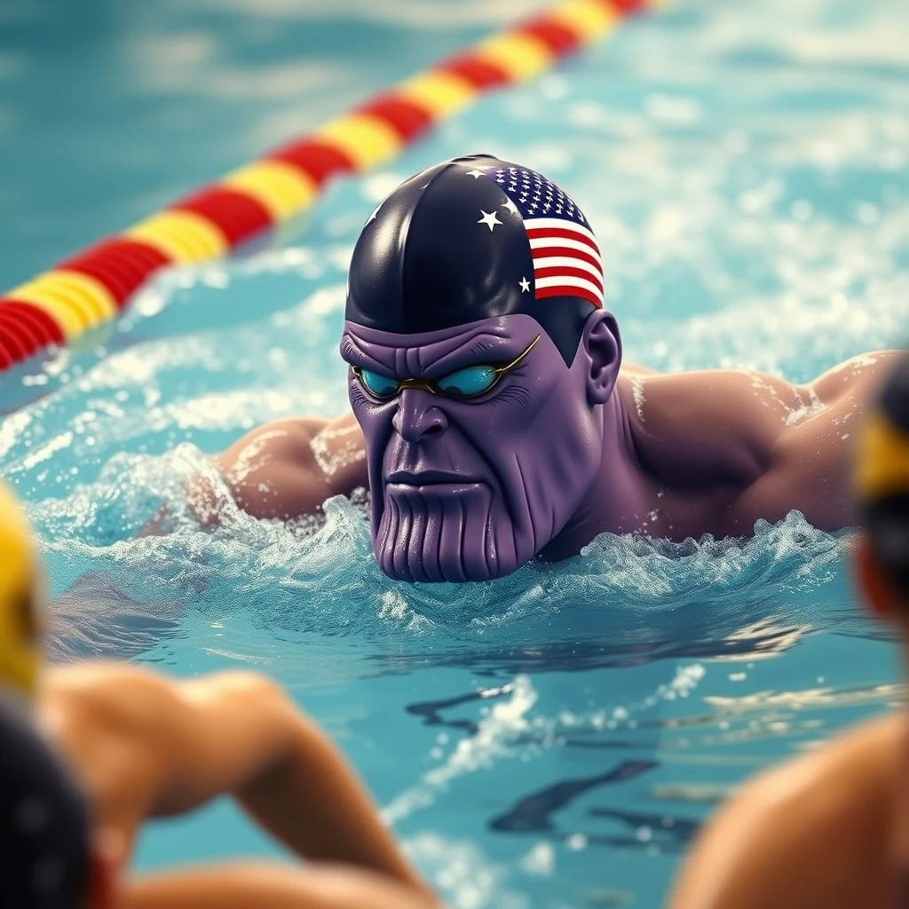 "Only Thanos with a purple head is competing in swimming against others, wearing a swimming cap with the American flag, realistic style, swimming action."