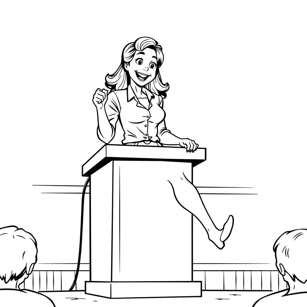 Comic line art, a teacher sitting on the podium with her legs wide open, pointing to her underwear while smiling at the students.