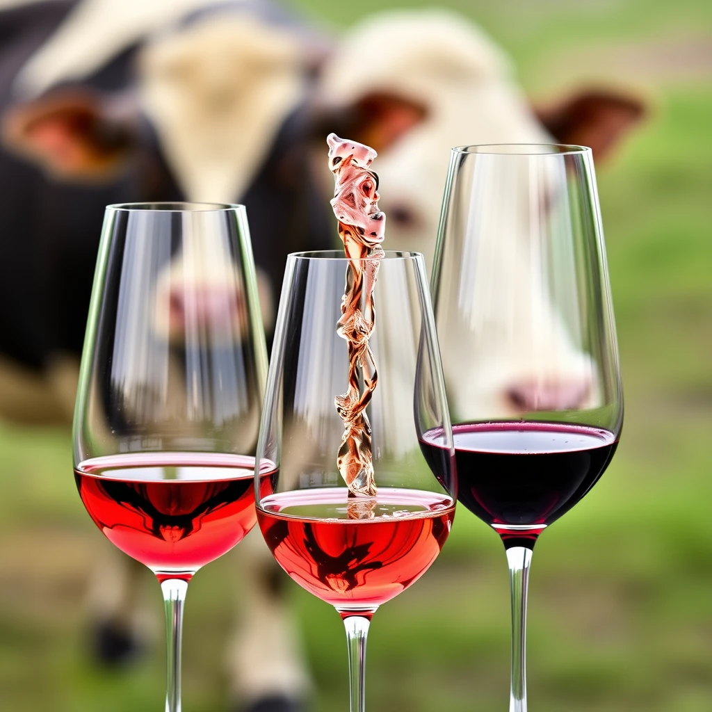 3 glasses of wine with a blurry background of a cow. One of the glasses is upside down. - Image