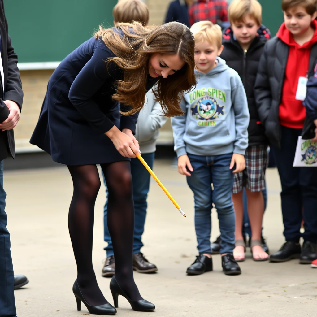 Kate Middleton bending over to pick up a pencil, showing off her legs, wearing black tights and no shoes, with teenage boys behind her staring at her. - Image