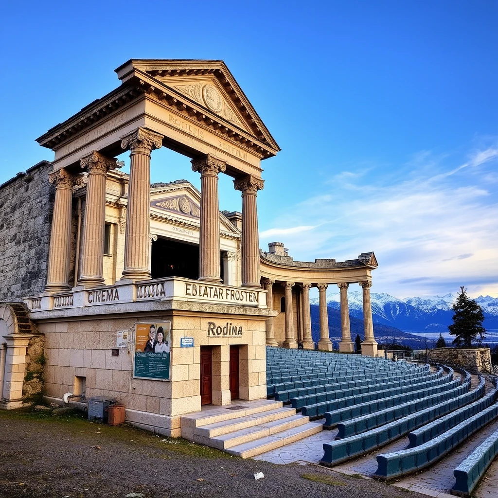 The ancient Roman-looking cinema theatre "Rodina" in Murmansk, Russia, with mountains in the background.