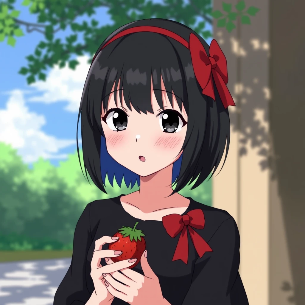 ghibli style, 
kiki \(majo no takkyuubin\),
1girl, :o, bangs, black eyes, black hair, black shirt, blush, bow, bow hairband, collarbone, day, fingernails, food, fruit, hair bow, hairband, holding, holding food, holding fruit, looking at viewer, open mouth, outdoors, red bow, red hairband, shirt, short hair, solo, strawberry, sunlight, upper body, water drop

, ((masterpiece))
<lora:ghibli_style_offset:1> - Image