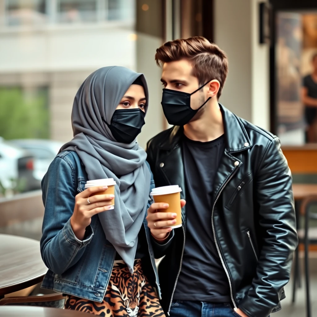 Jamie Dornan's head and body shot, handsome, black face mask, blue jeans jacket, jeans, dating a Muslim girl in a grey hijab, beautiful eyes, black face mask, black leather jacket, wearing the biggest tiger pattern skirt, at a café, with a cup of latte, photorealistic. - Image