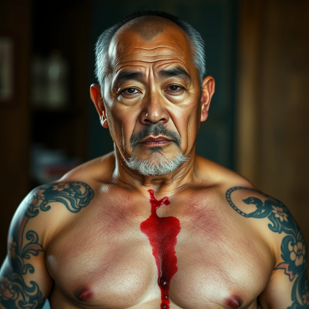 A portrait of a muscular, tattooed, middle-aged Japanese man, with his stomach bleeding.