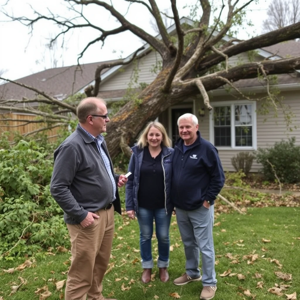 Insurance agent visits with clients at their home after a tree falls on the home. - Image