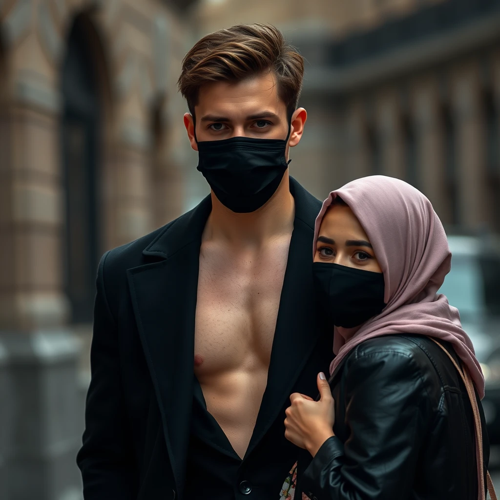 Jamie Dornan's head and body shot, handsome, young, face mask black, black coat suit unbuttoned, dating love with the biggest soft pink hijab girl, beautiful eyes, black leather jacket, face mask black, biggest floral skirt, hyper realistic, street photography. - Image