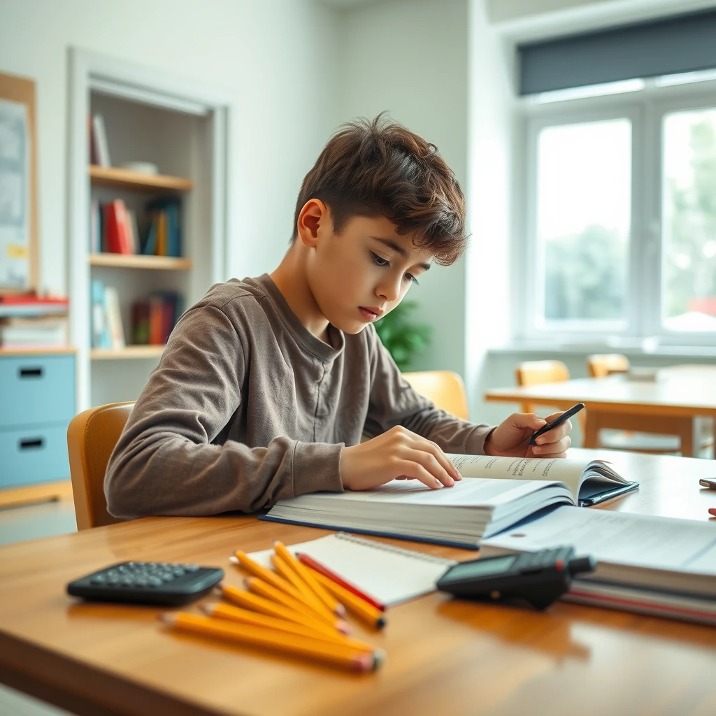 
A young student sitting at a desk, studying hard with a textbook, pencils, and a calculator scattered around. The room is bright and inviting, providing an atmosphere conducive to learning. The student is focused and concentrated, indicating a deep engagement with the material at hand. - Image