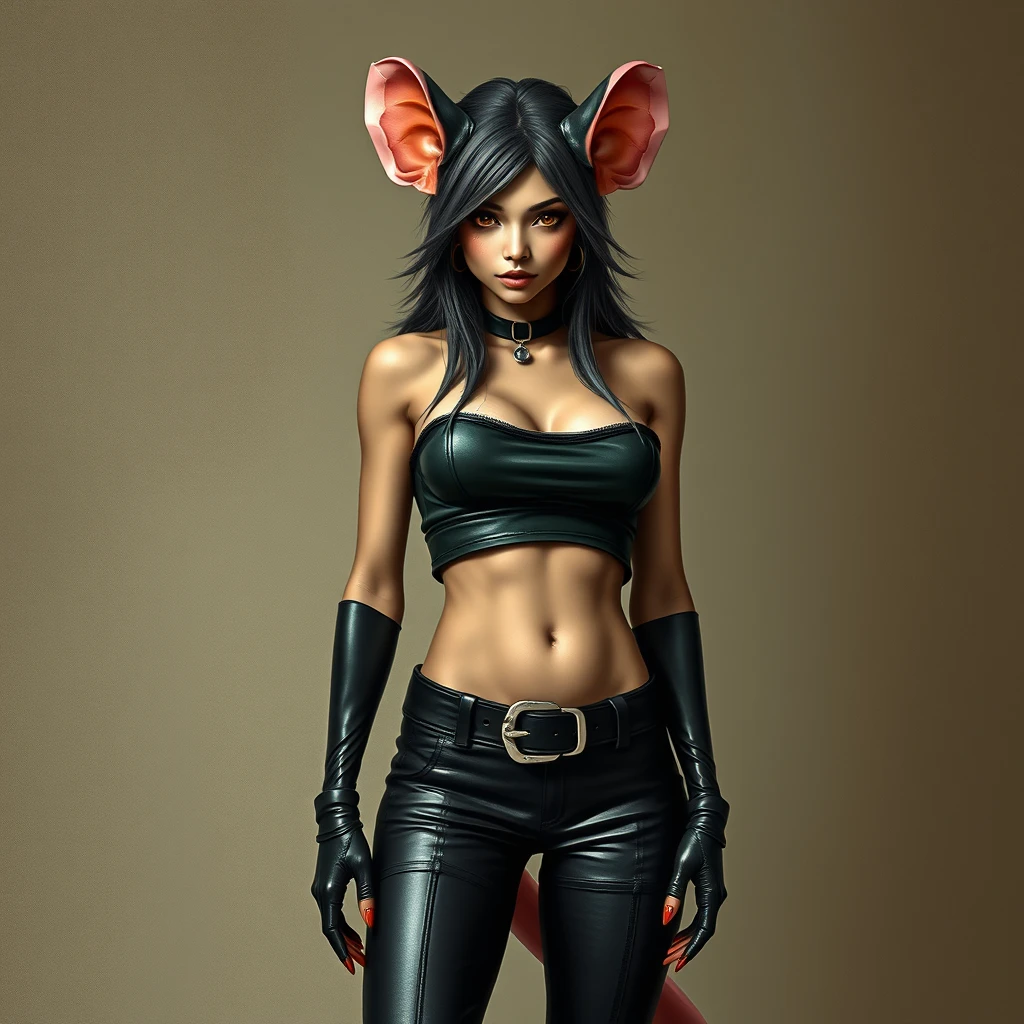 an anthro female rat, low cut top, leather pants, tight clothing