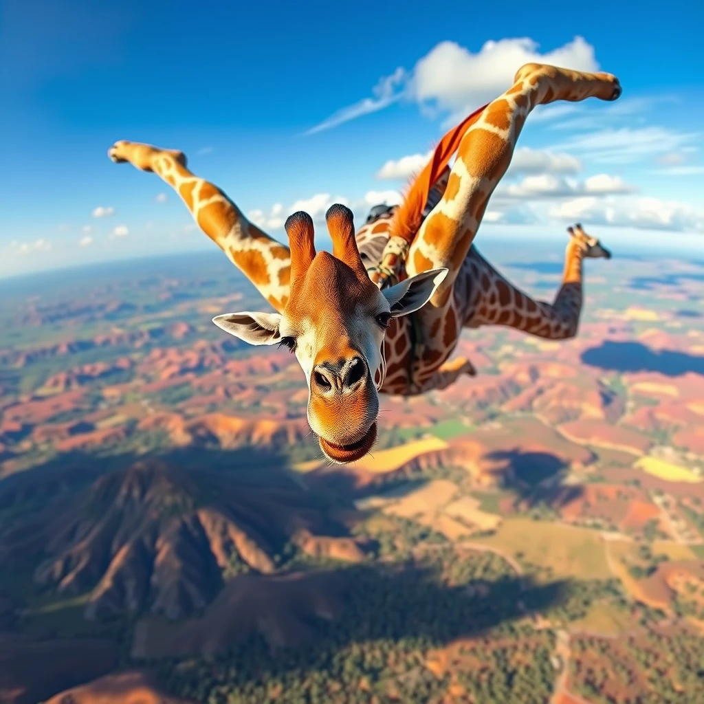 A giraffe is skydiving, against a backdrop of stunningly vibrant scenery.