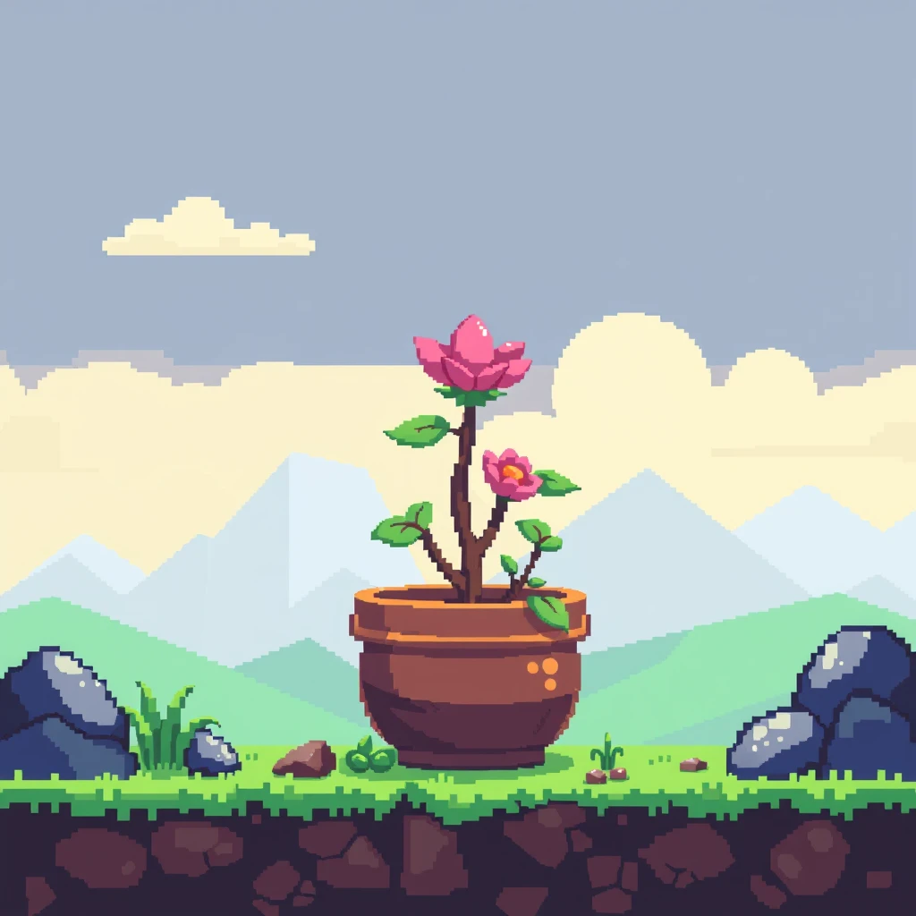 2-bit, potted plants, landscape game materials, pixel art, 2D landscape, game assets, frontal shooting - Image