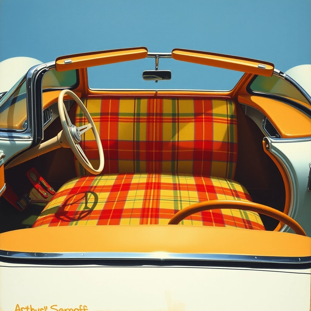 a concept car with a plaid cloth interior, as painted by Arthur Sarnoff. - Image