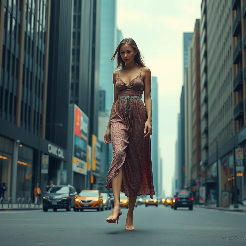 50-meter tall giant woman walking through the city barefoot.