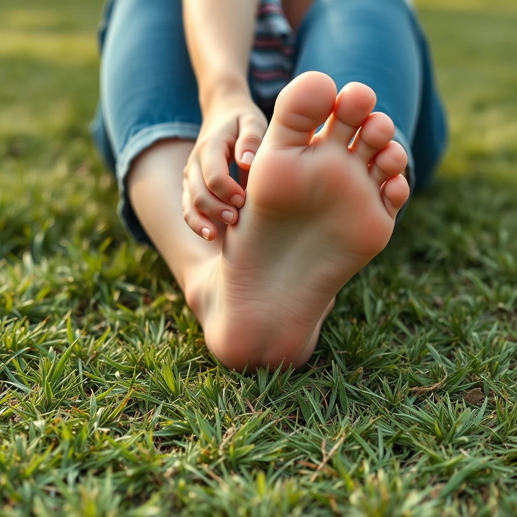 big bare foot of plus sized woman sitting on grass, tiny person touching her sole