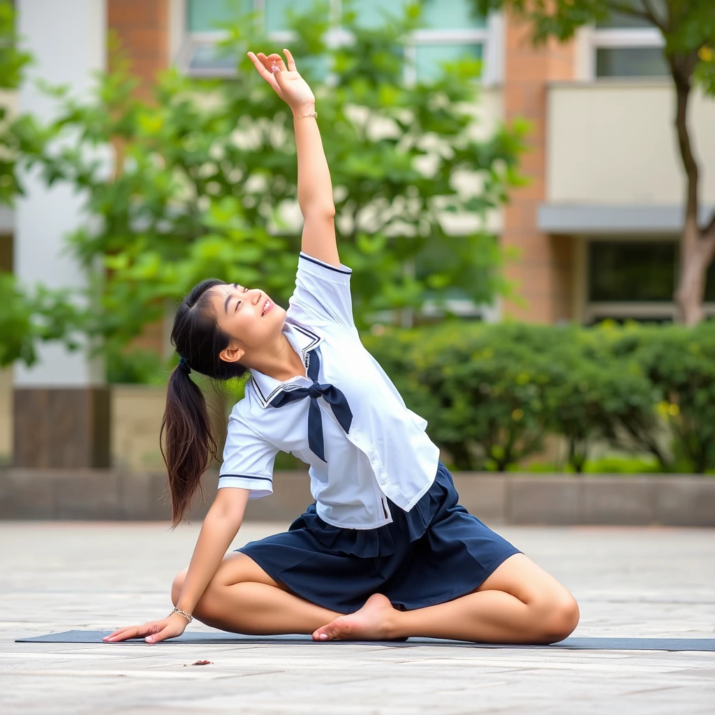 The female student in a school uniform skirt is doing yoga poses on the ground. - Image