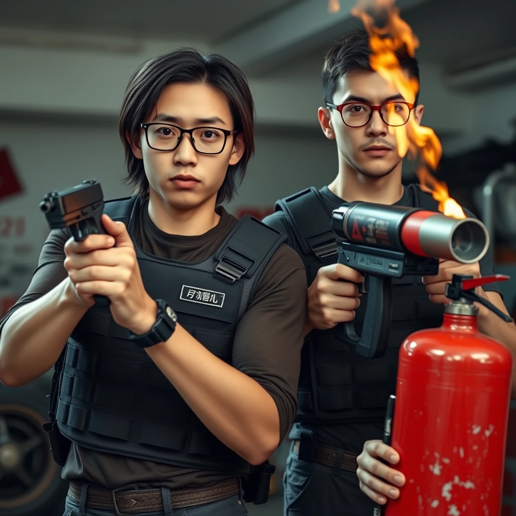 21-year-old white thin long-faced young adult northern Chinese man with square chin, wearing square glasses, holding a pistol, with medium/long length hair; 21-year-old Caucasian Italian man wearing round glasses and short hair holding a very large fire extinguisher flamethrower; garage setting; both angry, wearing tactical bulletproof vests.