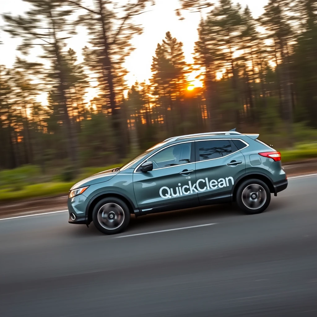 A Nissan Qashqai with 'QuickClean' painted on the side driving at speed through a forest at sunset.