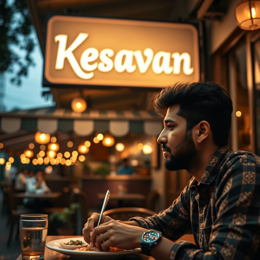 An Indian guy eating at a traditional aesthetic Indian restaurant with signage written "Kesavan", bokeh, golden hour, outdoor.