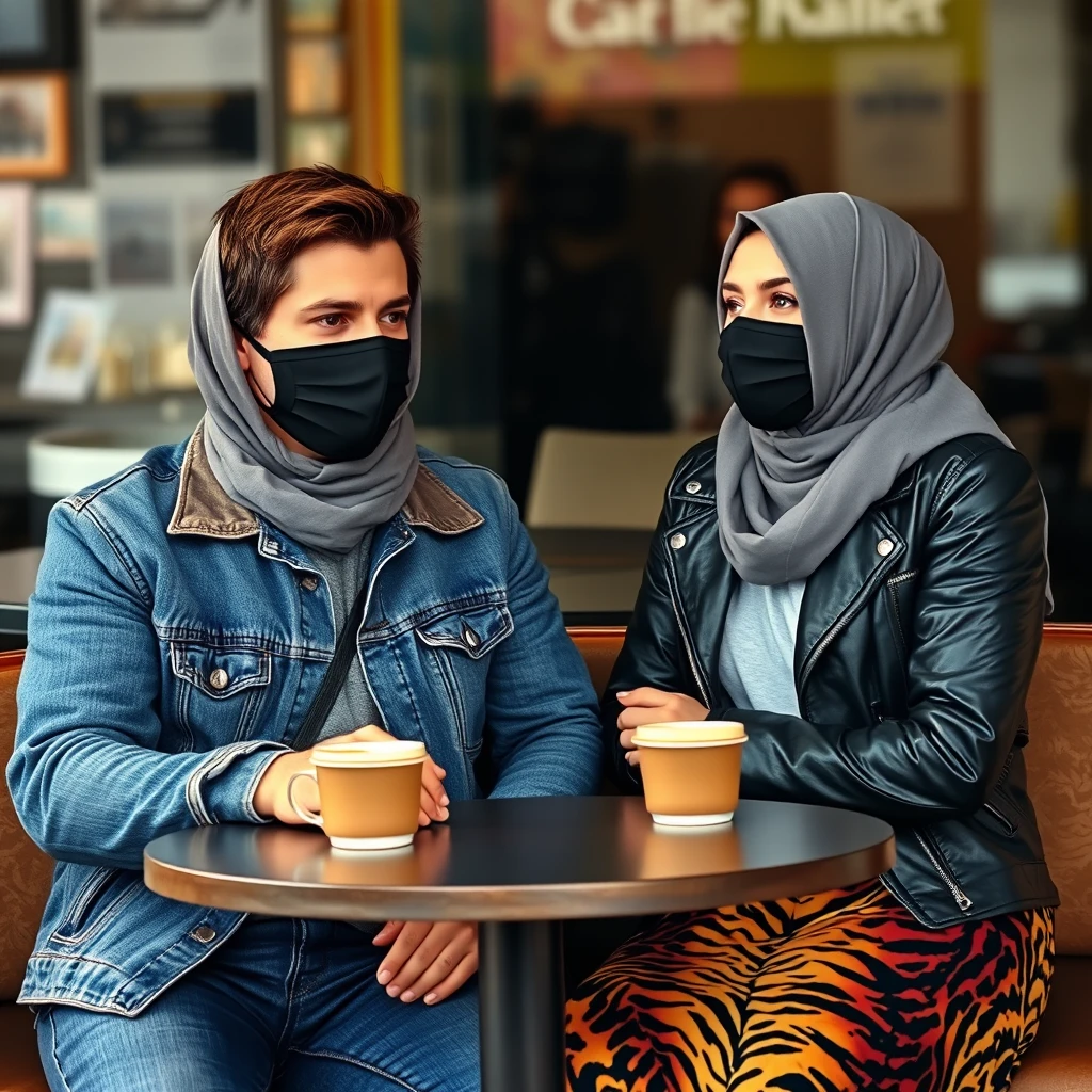 Jamie Dornan's head and body shot, handsome, black face mask, blue jeans jacket, jeans, dating a Muslim girl in a grey hijab with beautiful eyes, black face mask, black leather jacket, the biggest tiger pattern skirt, at a café, with 2 cups of latte on a table, photorealistic. - Image