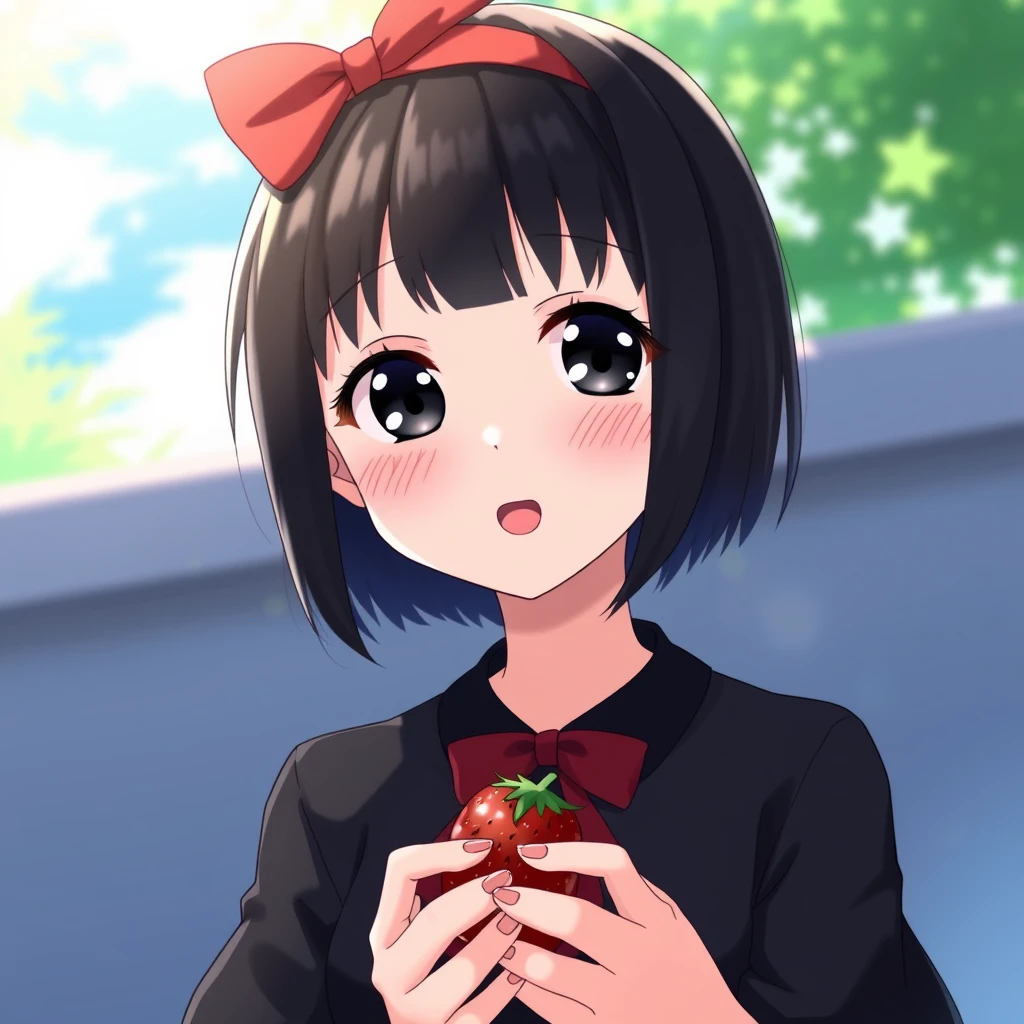 ghibli style, 
kiki \(majo no takkyuubin\),
1girl, :o, bangs, black eyes, black hair, black shirt, blush, bow, bow hairband, collarbone, day, fingernails, food, fruit, hair bow, hairband, holding, holding food, holding fruit, looking at viewer, open mouth, outdoors, red bow, red hairband, shirt, short hair, solo, strawberry, sunlight, upper body, water drop

, ((masterpiece))
<lora:ghibli_style_offset:1>