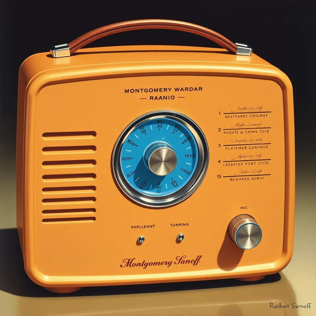 A Montgomery Ward brand, multi-band radio concept, featuring a backlit blue-glass tuning dial, as painted by Arthur Sarnoff.