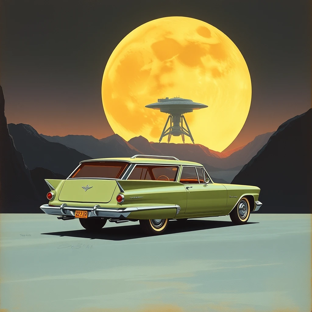 Corner view, a retro-futuristic station wagon concept, a painting by Syd Mead, sleek, moon setting, lunar lander in the background.