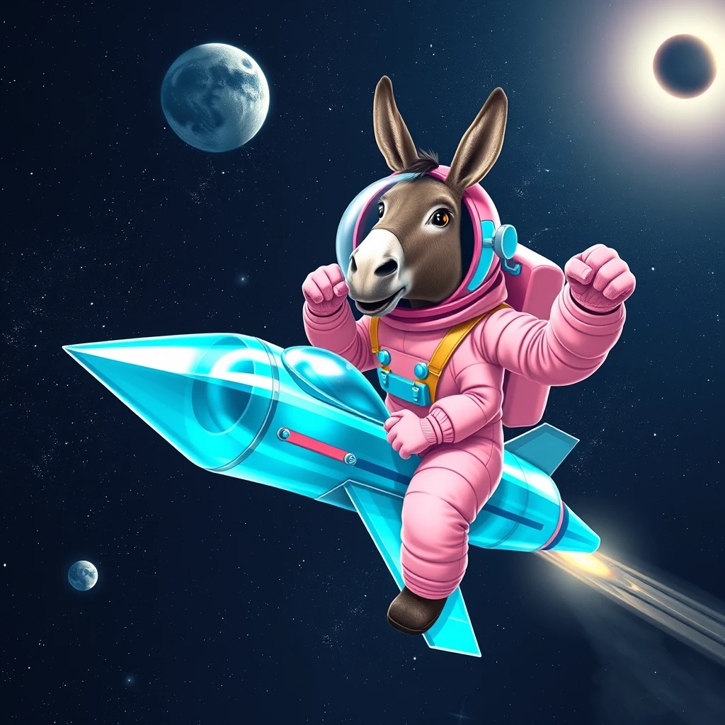 An ambitious donkey wearing pink astronaut costume, riding on a crystal light cyan stunning spaceship, making a punching gesture, flying to the outerspace under a clear night sky with lots of shining stars, passing by a huge black-hole. Realistic style.