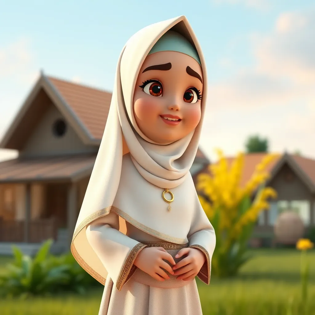 "Create a 3D animated cartoon of a Muslim woman from Palembang wearing a long white gamis. The character should be highly detailed with 8K resolution. Focus on traditional Palembang features and cultural elements." - Image