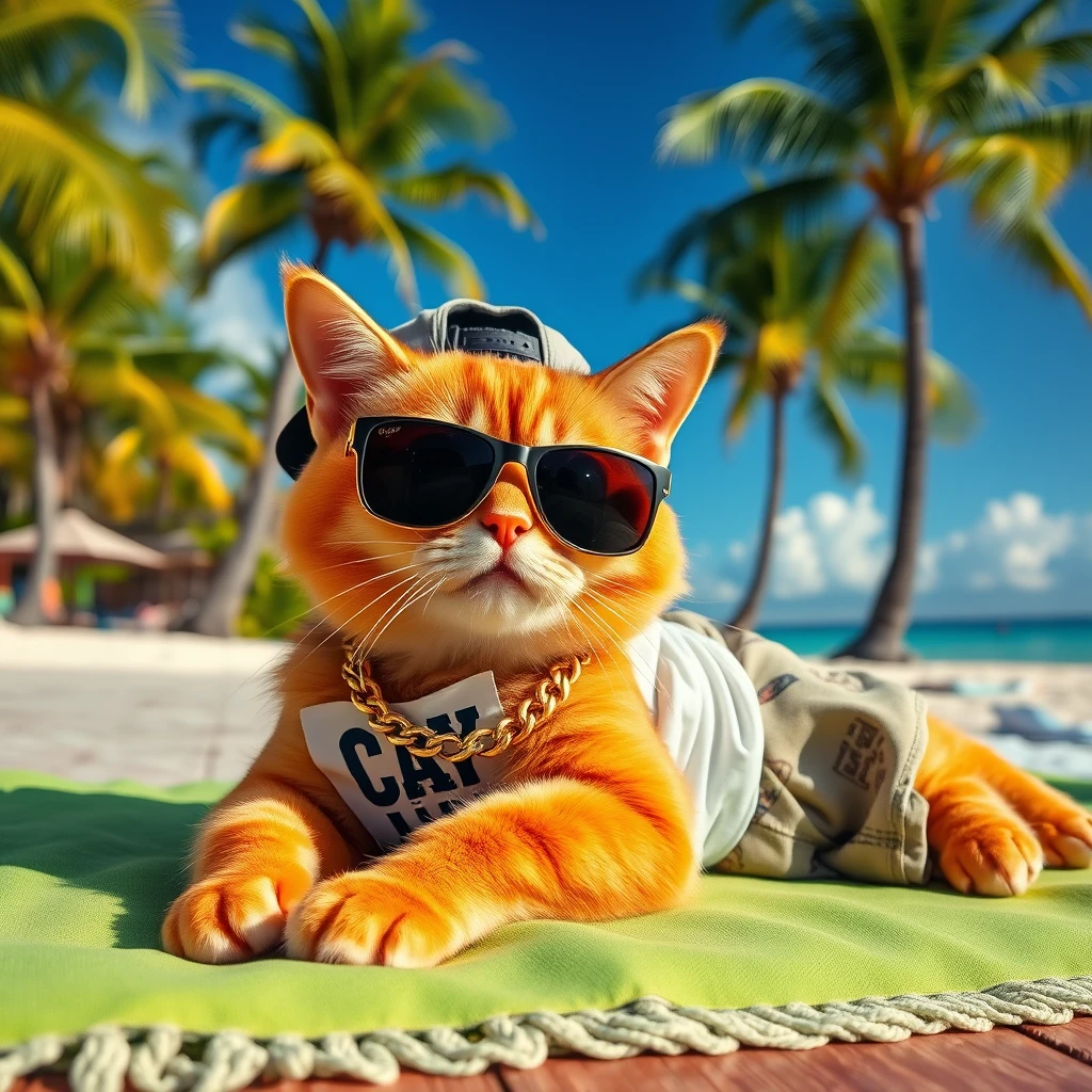 A playful orange cat dressed as a hip-hop rapper, with oversized sunglasses, a gold chain, a graphic tee, baggy pants, and a cap, lying on a bright green beach towel at a tropical resort. The scene includes a lush beach with palm trees and a blue sky, with realistic details and saturated colors. 8K resolution. - Image