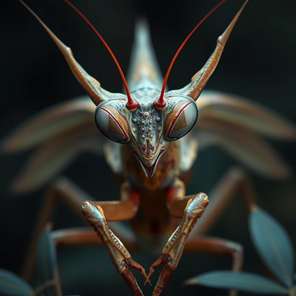 A conehead praying mantis but with a mix of Hellboy and a dark serene surrounding. High definition, high level of detail, looking poised ready to kill. - Image