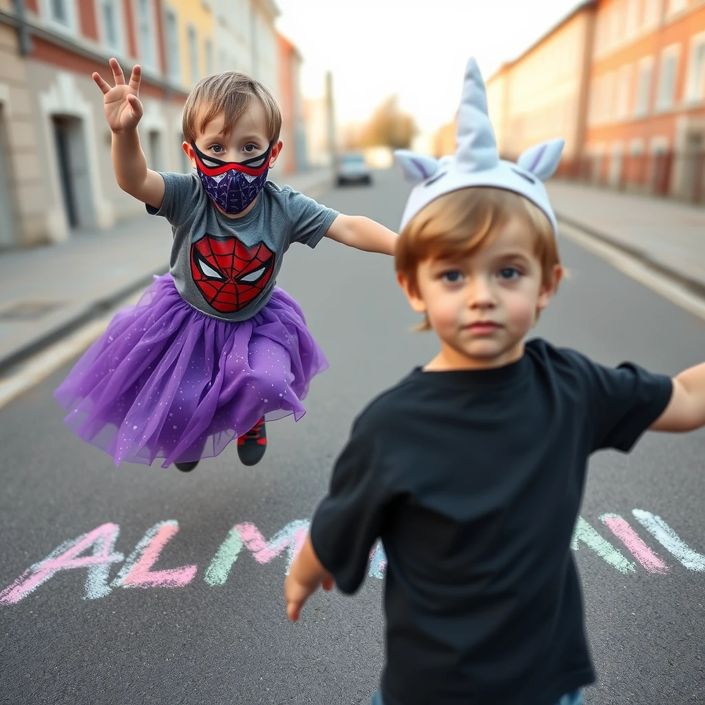 Four-year-old boy with a Spiderman t-shirt. Light brown hair, hazel eyes. He is wearing a Spiderman mask. He is doing parkour tricks. Four-year-old girl with light brown hair. The girl has a long purple galaxy-themed skirt on. She has hazel-colored eyes. Finnish looking. She has a small unicorn bag. She has a unicorn cap. She is painting with chalks on the street, creating rainbow-colored readable text "ALMA EMIL". Photorealistic, high quality.