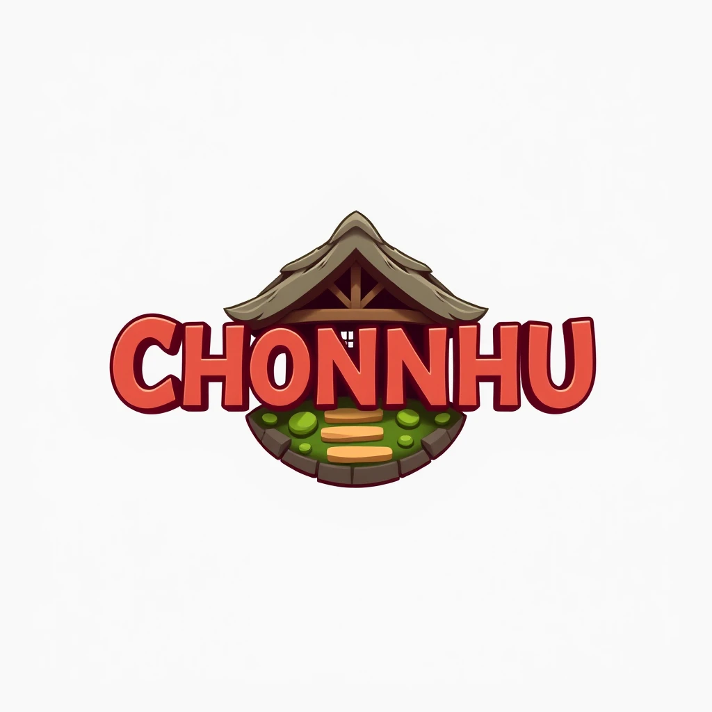 A 3D gaming typography logo featuring the title "CHONNHU" with a circular 3D iconic figure. The figure poses as a hut. The design is minimal, centric, with a color scheme of [COLOR1] and [COLOR2], giving it a lovely and warm appearance.