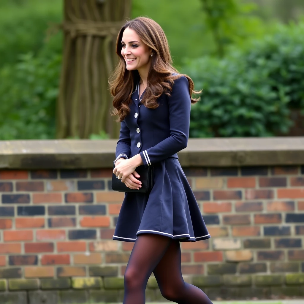 Kate Middleton in a schoolgirl outfit, showing off her legs, wearing tights. - Image