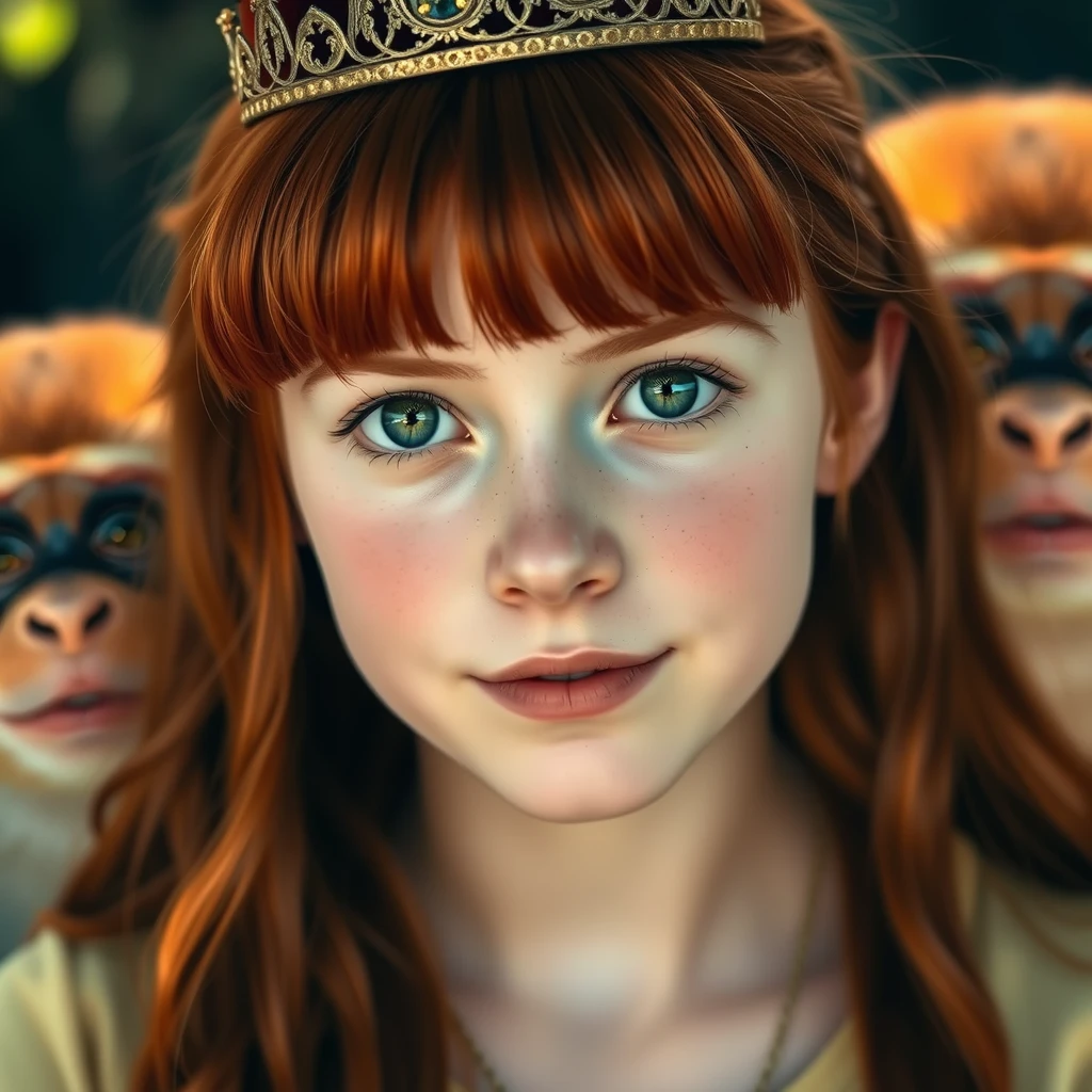 Redhead teenage girl with bangs, green eyes, long hair being princess of the monkeys. - Image