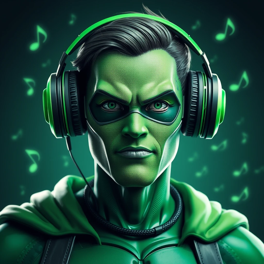 Photo of Spotify-styled superhero, green, wearing headphones, music notes, high-tech, realistic, nanites. Photorealistic.