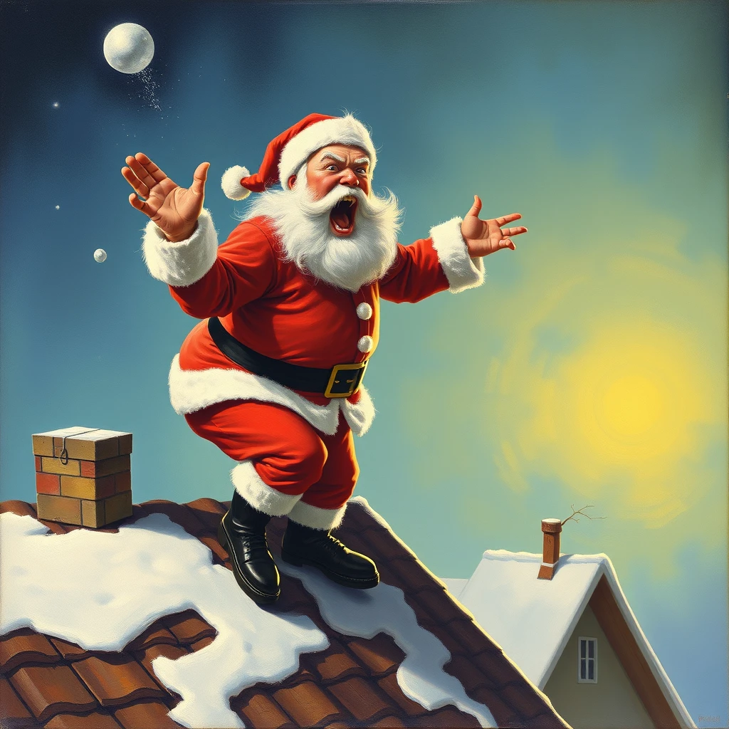 "Santa is mad and yelling from high on a roof, a painting by Arthur Sarnoff 1952."