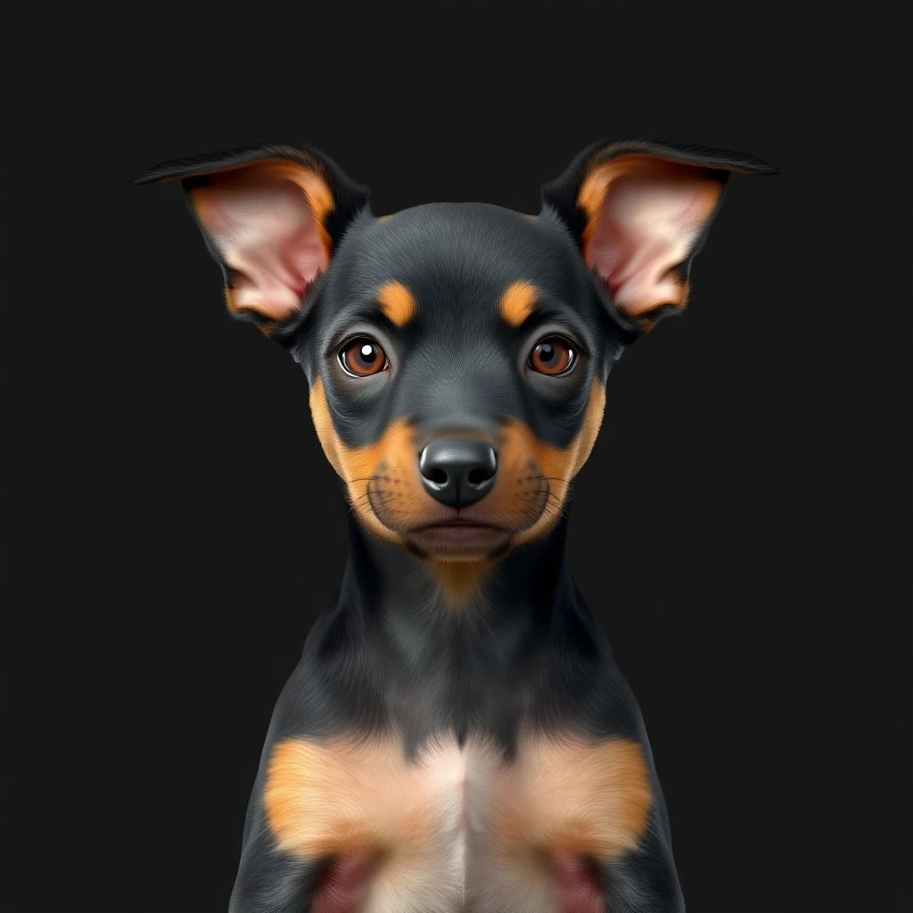 German Pinscher puppy with flappy ears. Front view on black background. Unreal Engine. - Image