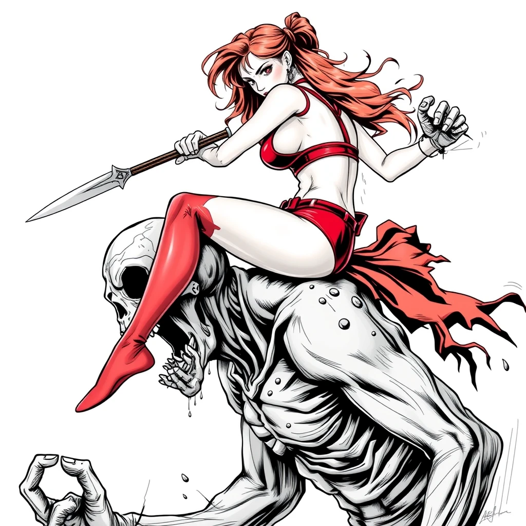 A girl in red sexy battle leather underwear rides on a zombie's shoulder with her legs open, holding a stab and ready to kill the zombie. Line art.