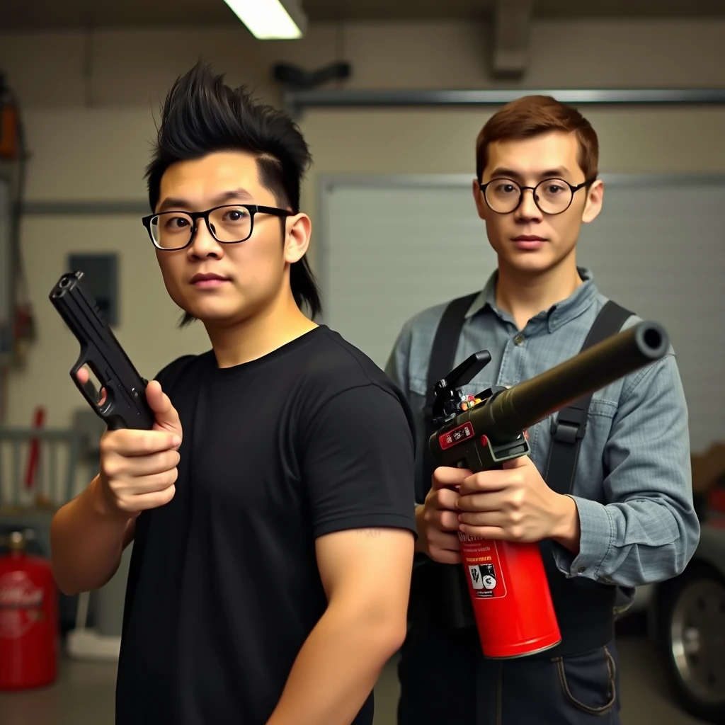 21-year-old white Chinese man wearing square glasses, long black mullet, holding pistol; 21-year-old white Italian man wearing round glasses, short hair, holding a very large fire extinguisher flamethrower, garage setting. - Image