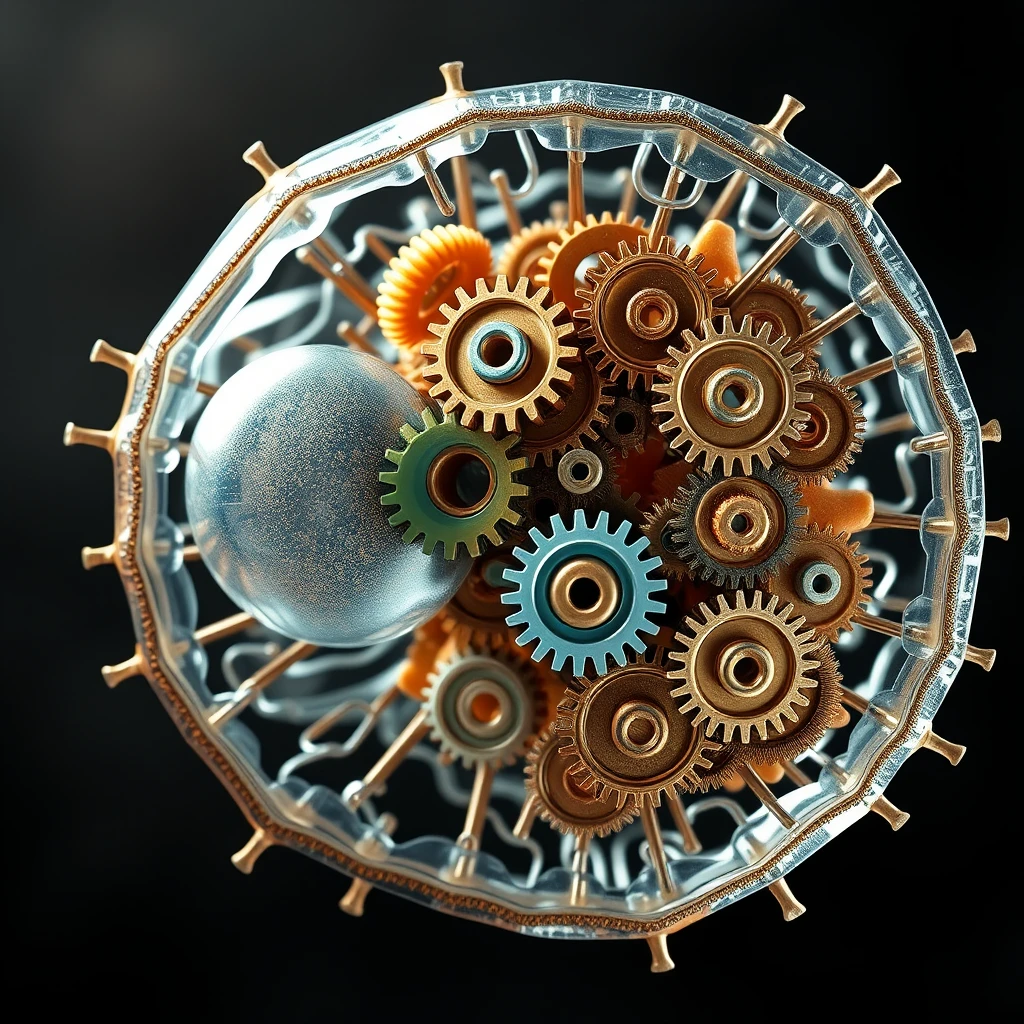 A human cell showing the internals as a series of interconnected cogs and gears. - Image