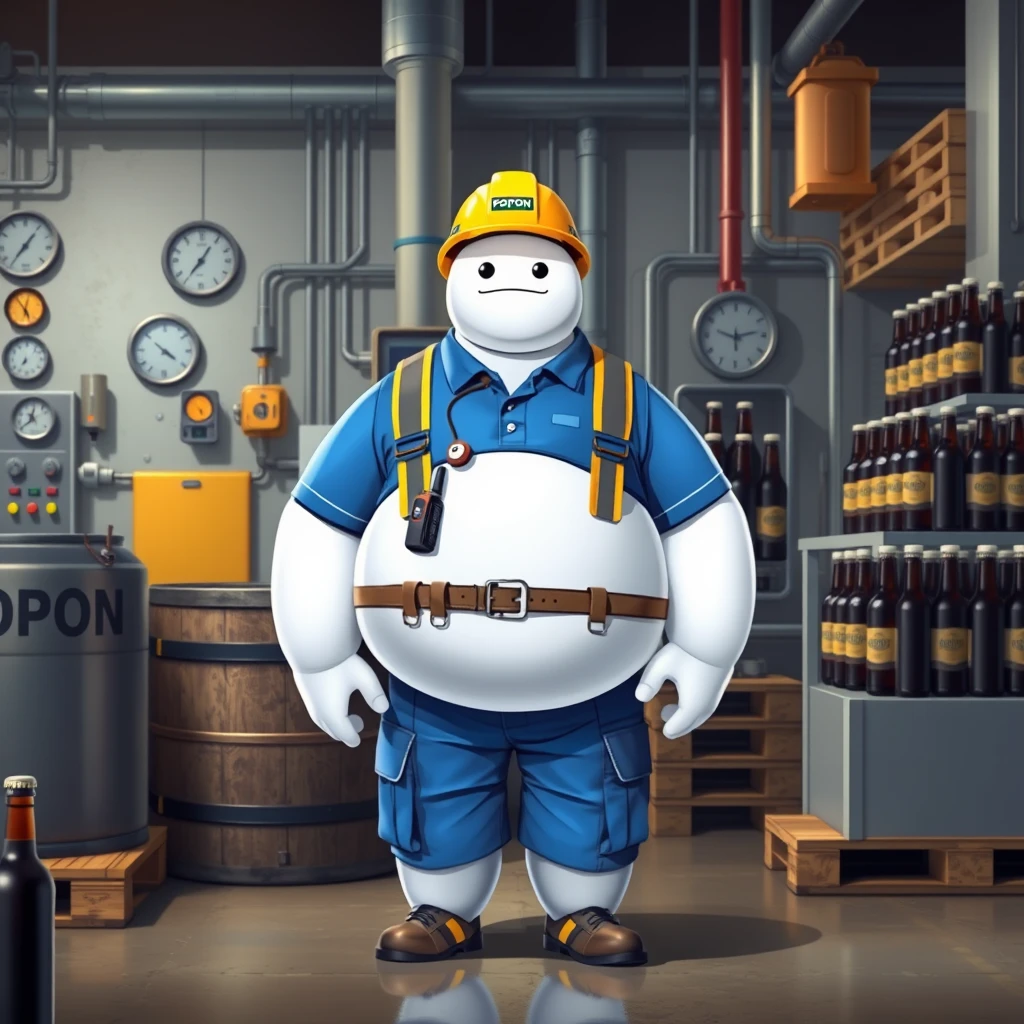 Baymax in a beer bottling factory surrounded by machinery, a barrel, gauges, measuring instruments, pallets, beer bottles, dressed in a blue polo uniform covering his whole torso, safety elements, a reflective vest, safety footwear, a walkie-talkie, blue cargo pants, and a yellow helmet with the word POPON written on it. - Image