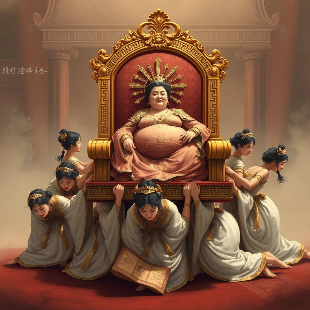 A group of palace maids crawled forward, carrying a luxurious throne on their backs, while the plump empress rested on it.