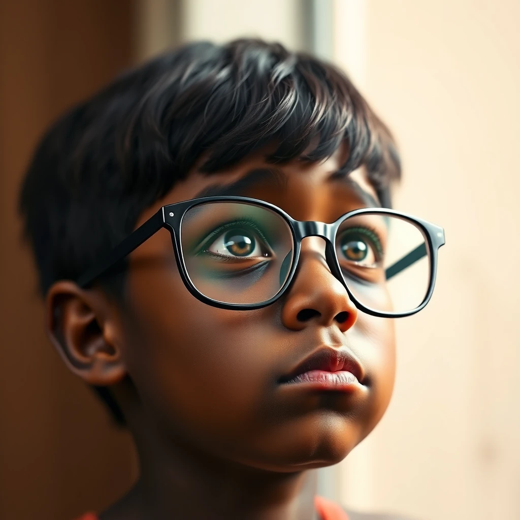 "Make a dark-skinned boy with glasses looking ahead with a tired expression." - Image