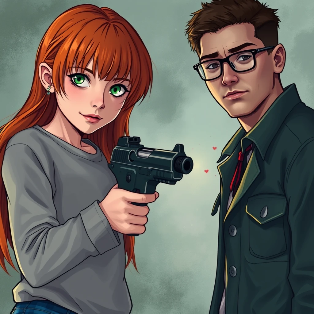 A death scene; a short, skinny teenage girl with long ginger hair and bangs, green eyes, shooting and killing a young, tall, skinny Italian white man who wears glasses. - Image