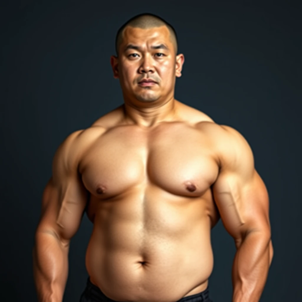 A full body portrait of a muscular, beefy Asian male, high body fat, buzz cut, 32k UHD, real. - Image