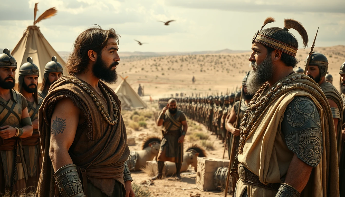 A young man is arguing with a middle-aged Mesopotamian king. The young man is dressed in ancient biblical shepherd's attire. Both men are surrounded by a diverse group of men in ancient Israelite bronze-age soldier armor. In the background are Mesopotamian tents pitched on desert shrub land. In the distant horizon stands another army armed and ready to fight. Dramatic lighting. - Image