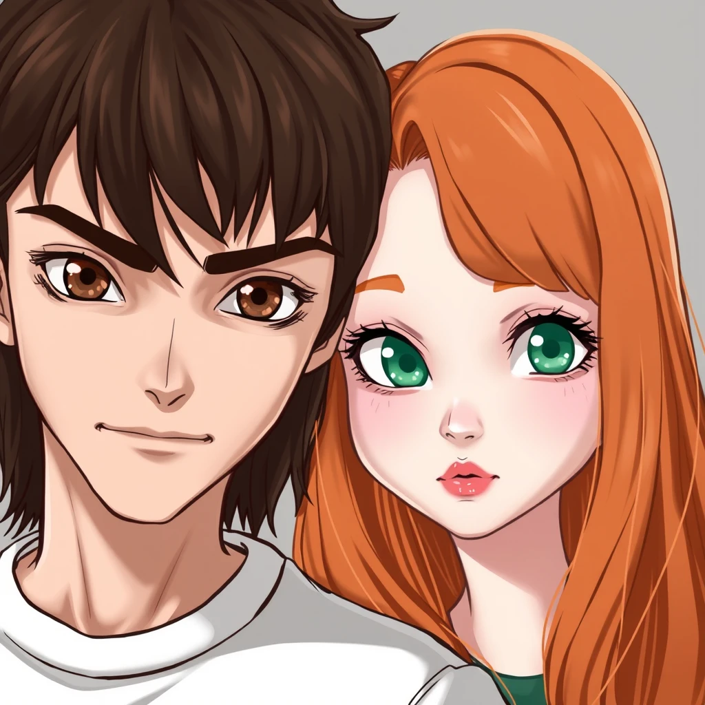 realistic style, young guy, long dark brown hair parted in the middle, sharp facial features, smirk, pale skin, light brown eyes, thick eyebrows, long eyelashes beside a cute white ginger girl, small nose, pink lips, green eyes, long bangs.