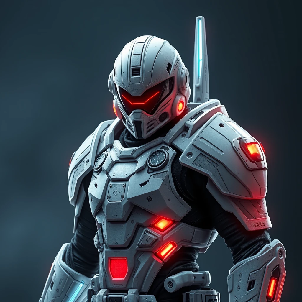 "Future warrior with ultra-modern laser armor, cyberpunk style."