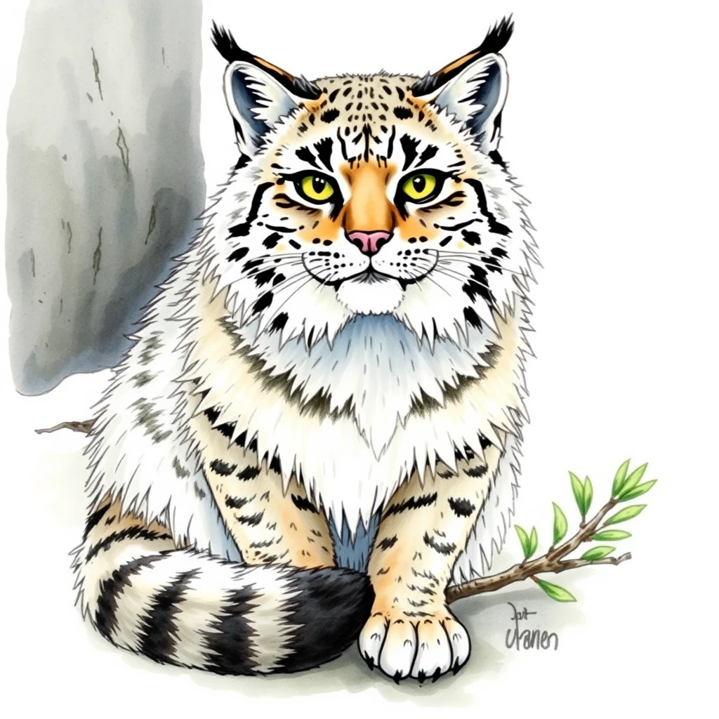 Textbook illustration, watercolour and black ink, of a Pallas cat (Otocolobus manul) - Image